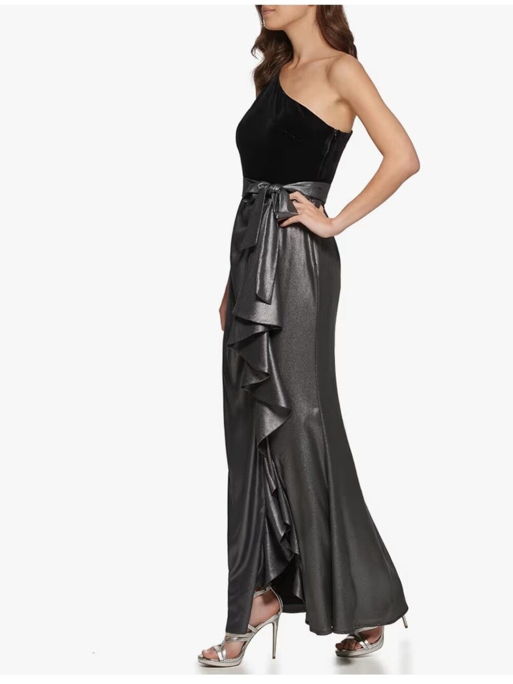 DKNY Velvet Foil Chiffon Ruffle Mix Media Dress Gown Maxi Length - Picture 2 of 15